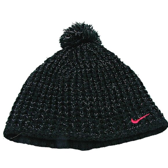Nike Womens Black Knitted Sparkle Pom Pom Winter Soft Beanie Hat Size 7-16 - Picture 2 of 12